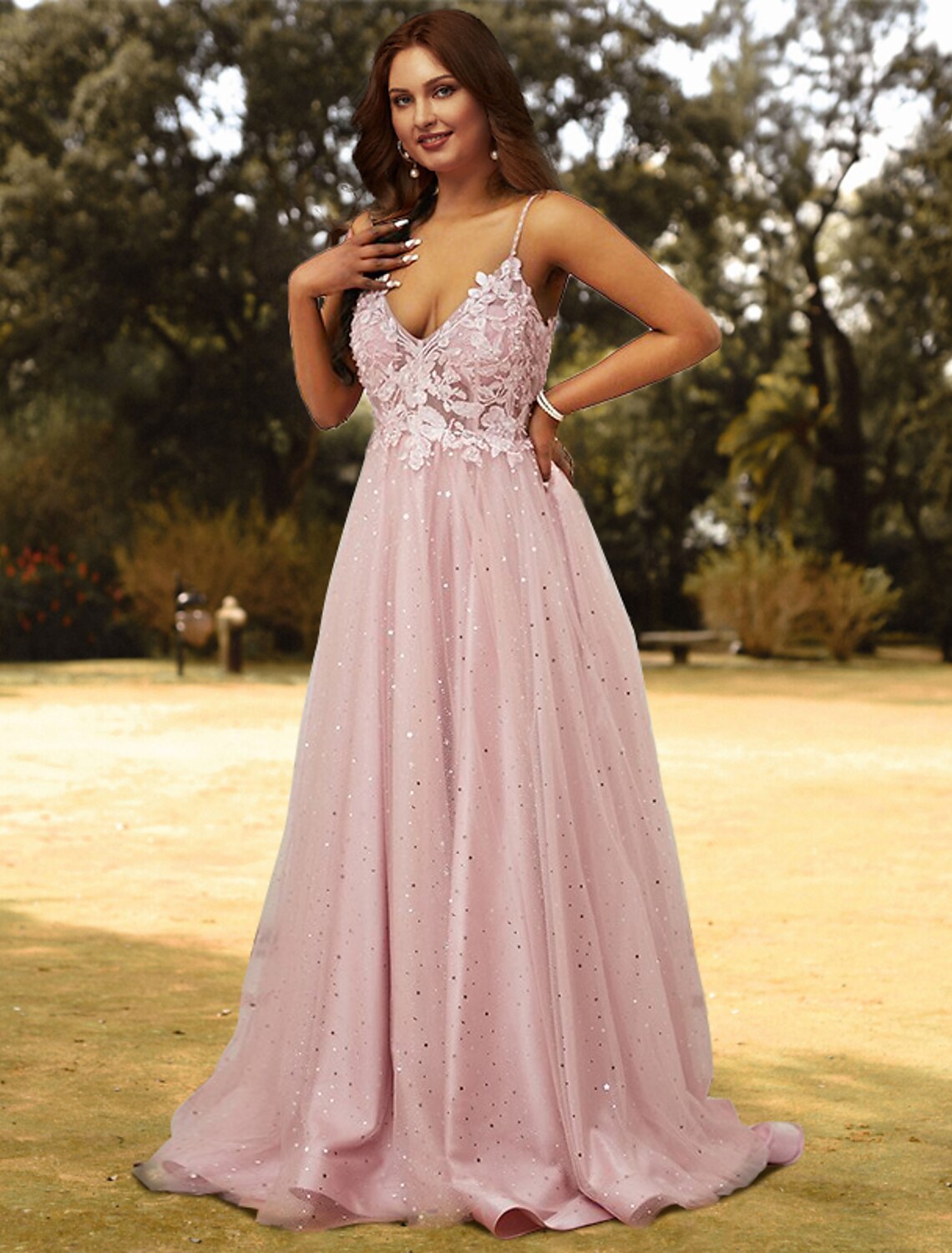 Wholesale  A-Line Prom Dresses Plus Size Dress Wedding Guest Prom Sweep / Brush Train Sleeveless V Neck Tulle with Appliques
